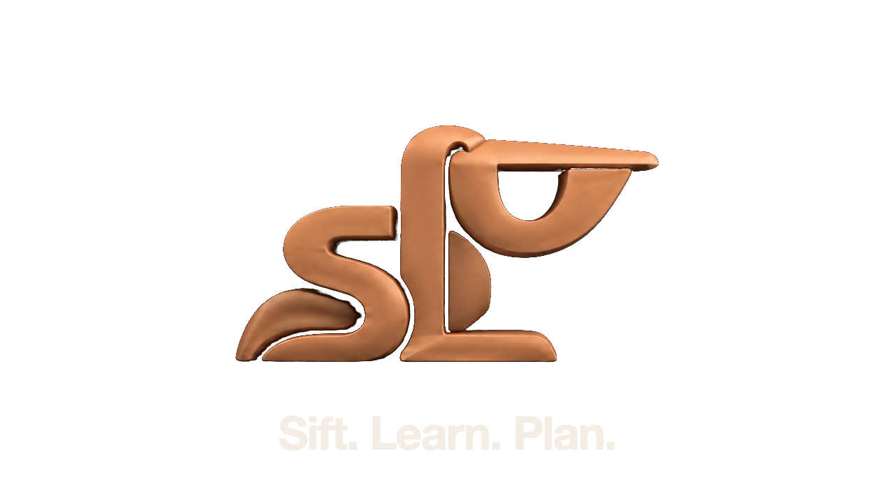 Copper pelican formed by the letters S, L and P. Sift. Learn. Plan.